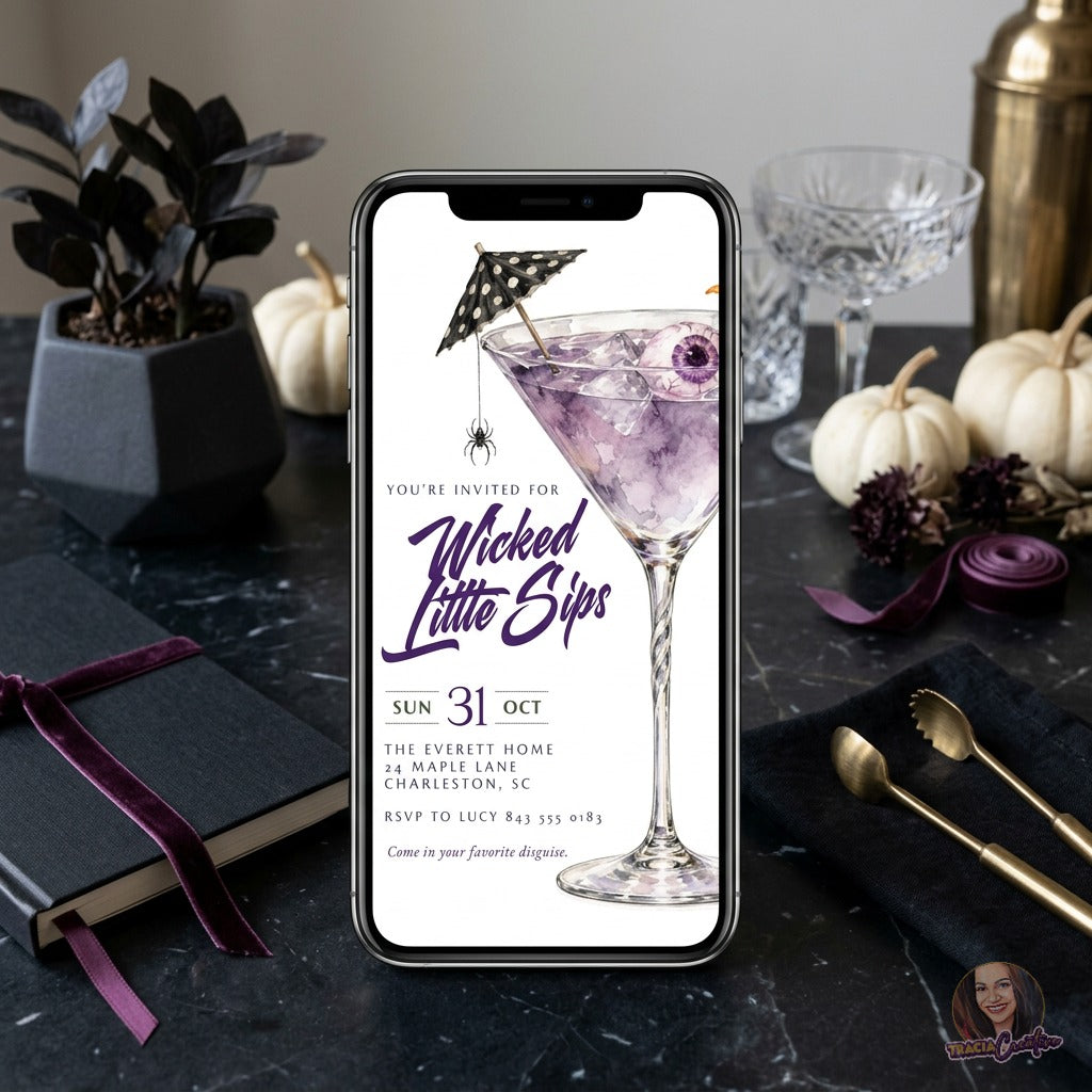 Wicked Little Sips Halloween Cocktail Party Invitation Template, Editable Canva Invite, Purple Martini Eyeball, Adult Halloween Party, 5x7