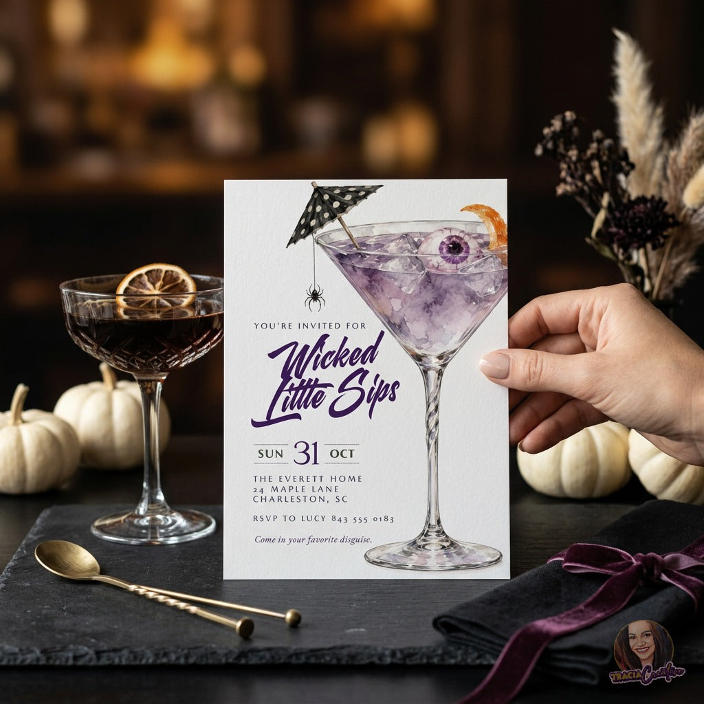 Wicked Little Sips Halloween Cocktail Party Invitation Template, Editable Canva Invite, Purple Martini Eyeball, Adult Halloween Party, 5x7