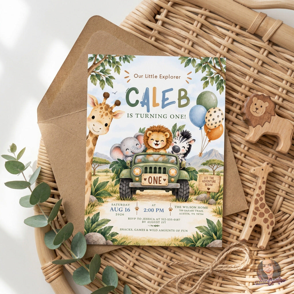 Wild One Safari 1st Birthday Invitation Template, Jungle Animals Adventure Party Invite, Editable Canva, Printable 5x7