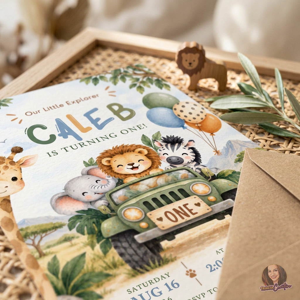 Wild One Safari 1st Birthday Invitation Template, Jungle Animals Adventure Party Invite, Editable Canva, Printable 5x7