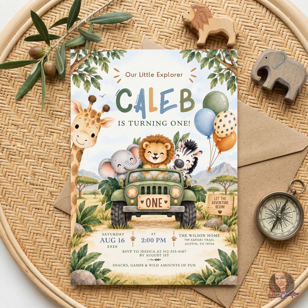 Wild One Safari 1st Birthday Invitation Template, Jungle Animals Adventure Party Invite, Editable Canva, Printable 5x7