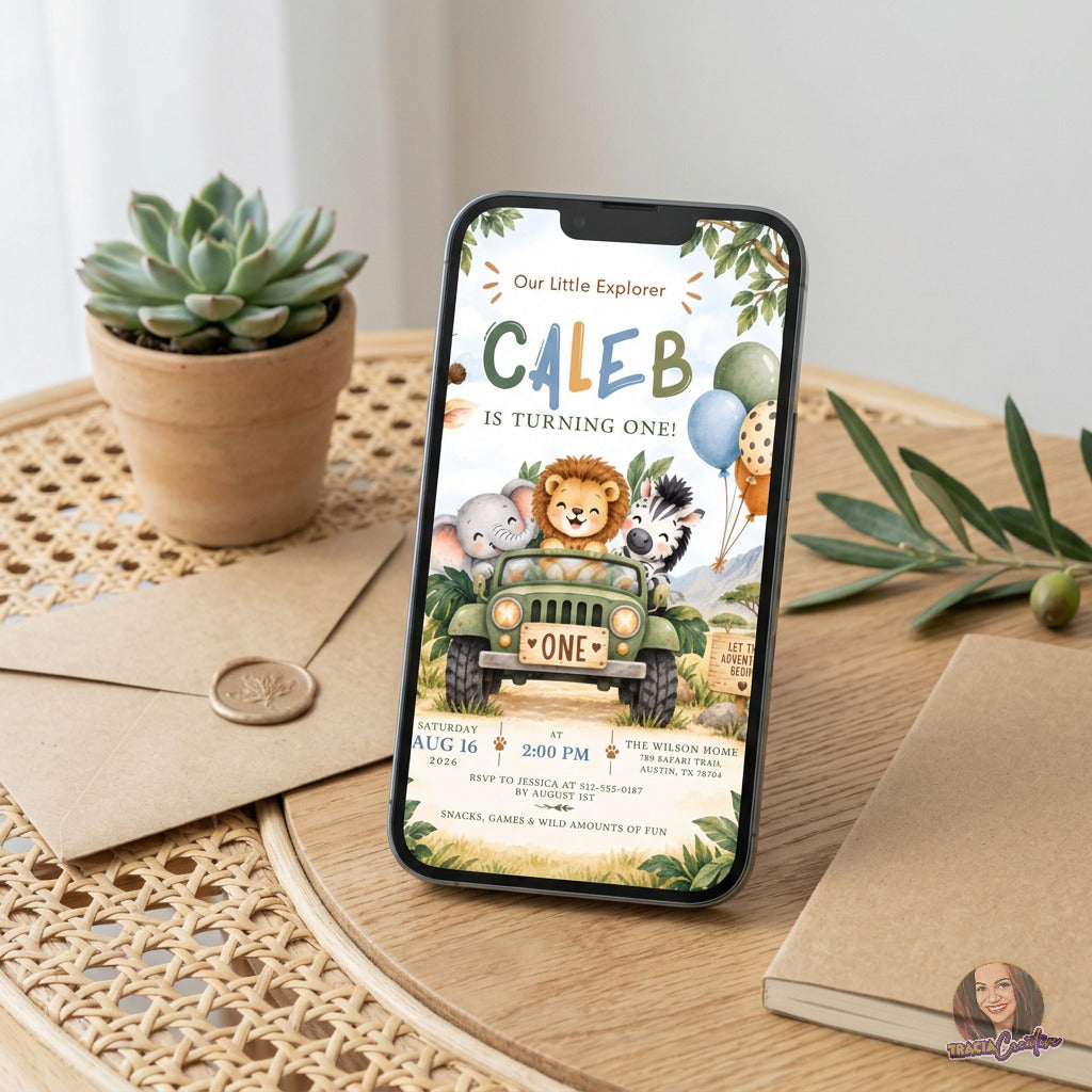 Wild One Safari 1st Birthday Invitation Template, Jungle Animals Adventure Party Invite, Editable Canva, Printable 5x7