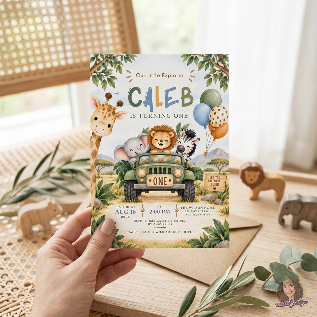 Wild One Safari 1st Birthday Invitation Template, Jungle Animals Adventure Party Invite, Editable Canva, Printable 5x7