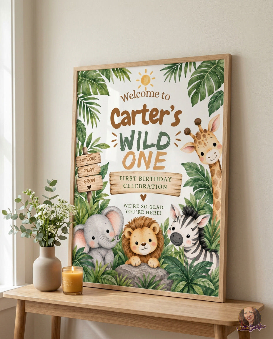 Wild One Safari 1st Birthday Welcome Sign Template, Little Adventurer Jungle Animals, Editable Canva, 3 Sizes