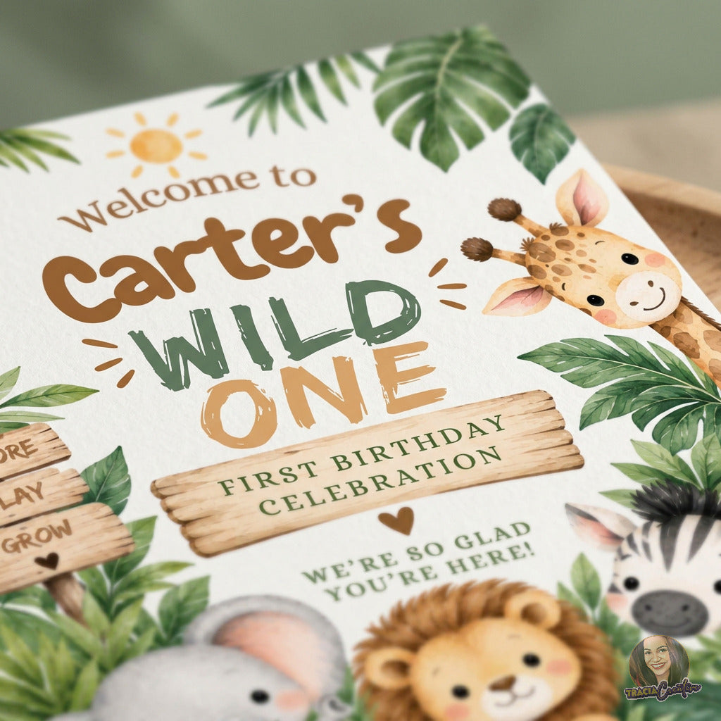 Wild One Safari 1st Birthday Welcome Sign Template, Little Adventurer Jungle Animals, Editable Canva, 3 Sizes