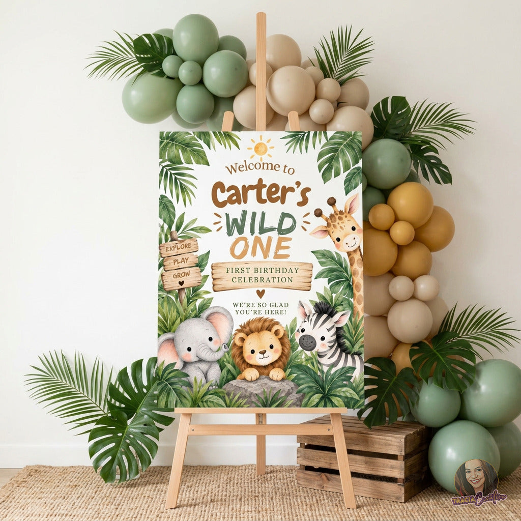 Wild One Safari 1st Birthday Welcome Sign Template, Little Adventurer Jungle Animals, Editable Canva, 3 Sizes