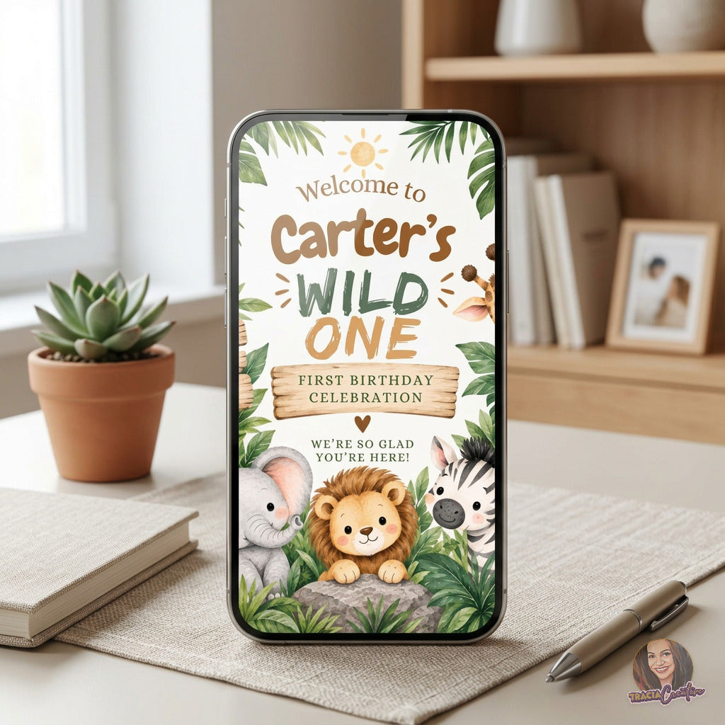 Wild One Safari 1st Birthday Welcome Sign Template, Little Adventurer Jungle Animals, Editable Canva, 3 Sizes