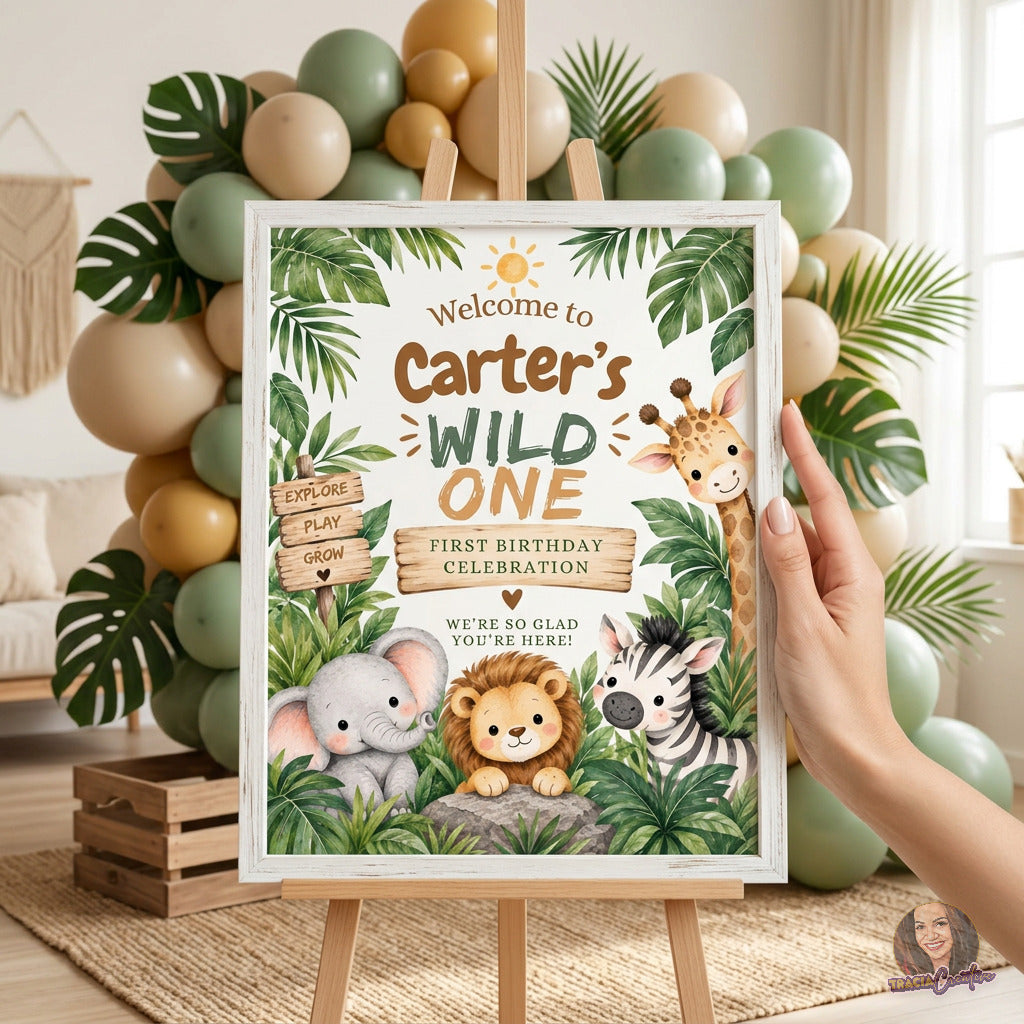 Wild One Safari 1st Birthday Welcome Sign Template, Little Adventurer Jungle Animals, Editable Canva, 3 Sizes