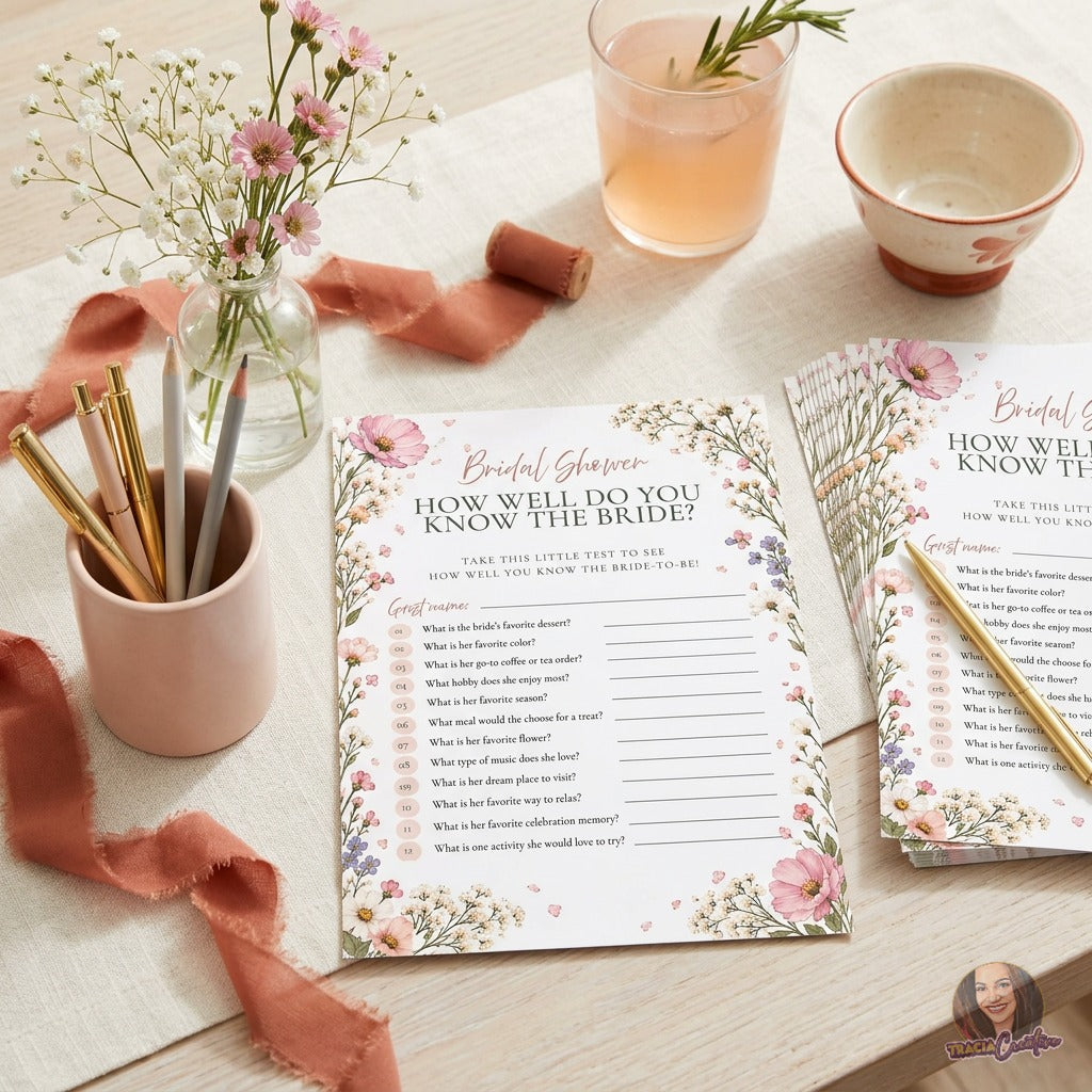 How Well Do You Know the Bride Editable Canva Game Template, Pink Floral Bridal Shower Game, 12 Questions, Answer Key & Host Guide
