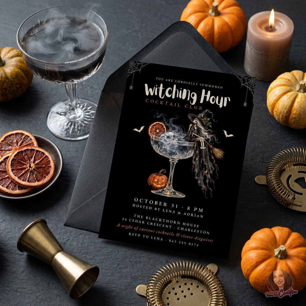 Witching Hour Cocktail Club Halloween Invitation Template, Editable Canva Invite, Skeleton Witch Cocktail Party, Spooky Adult Halloween, 5x7