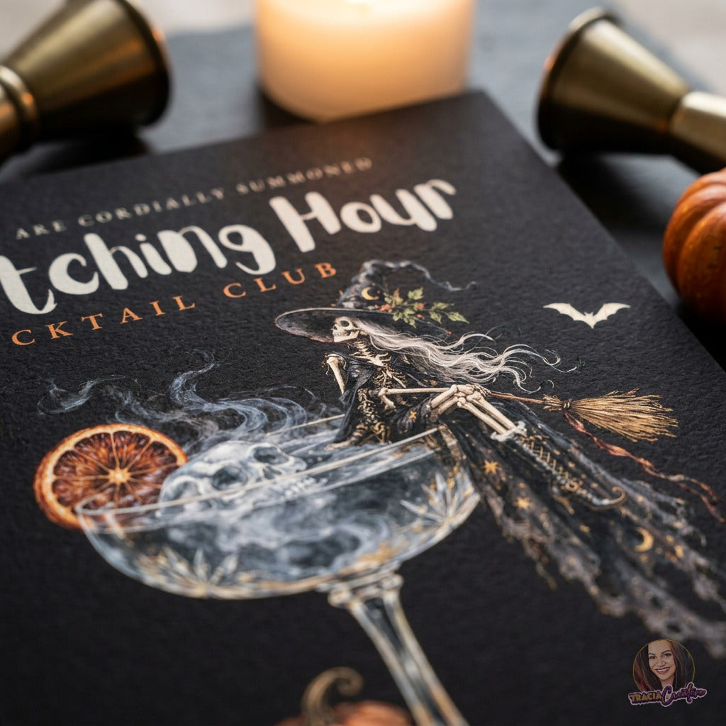 Witching Hour Cocktail Club Halloween Invitation Template, Editable Canva Invite, Skeleton Witch Cocktail Party, Spooky Adult Halloween, 5x7