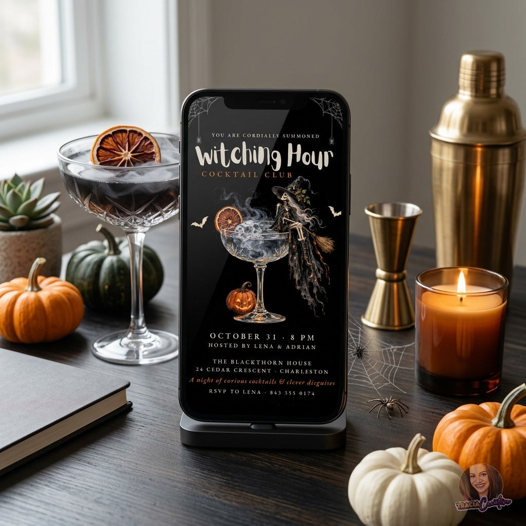 Witching Hour Cocktail Club Halloween Invitation Template, Editable Canva Invite, Skeleton Witch Cocktail Party, Spooky Adult Halloween, 5x7