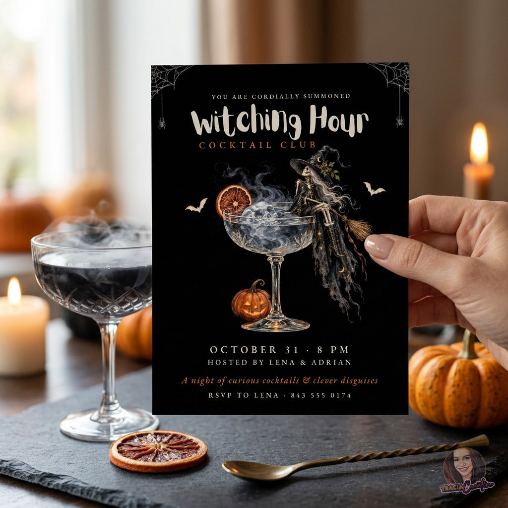 Witching Hour Cocktail Club Halloween Invitation Template, Editable Canva Invite, Skeleton Witch Cocktail Party, Spooky Adult Halloween, 5x7
