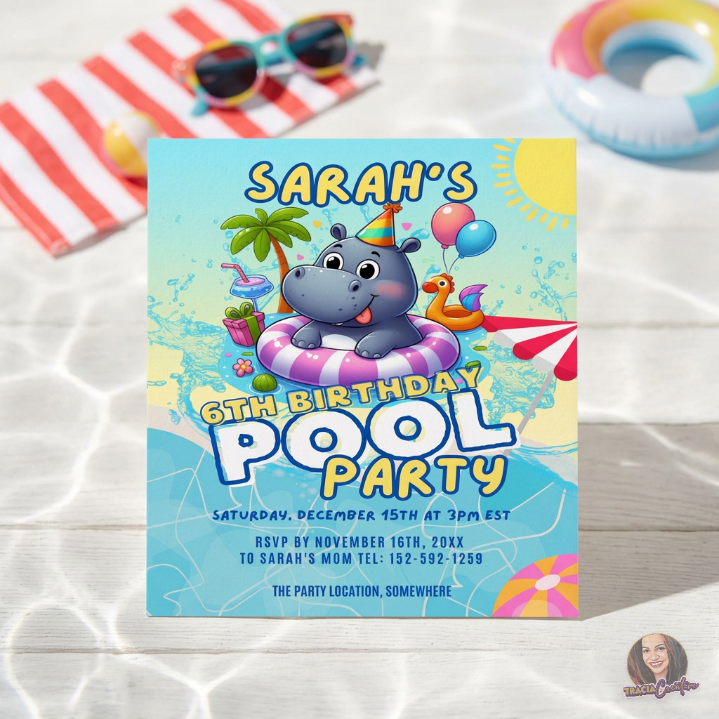 Kids’ Pool Party Birthday Invitation Template, Summer Swimming Party Invite, Editable Canva Template, Printable 5x7 Invitation